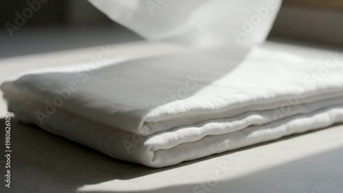 Stack of white folded towels closeup.