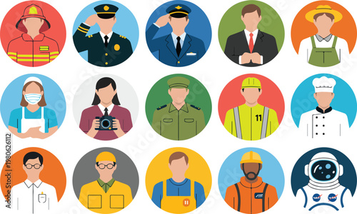 Occupations Icon Set: A vibrant collection of diverse professional icons, each representing a unique vocation.