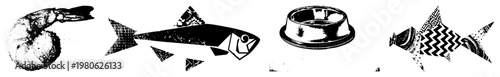 Graphic of seafood and pet bowl in, stylized vector art, isolated symbols for design use, halftone textures and geometric.