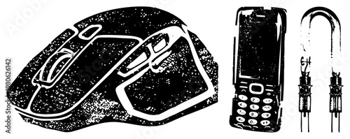 Retro computing and lighting component, stylized vector illustration, isolated tech, graphic, nostalgic digital era artifacts.