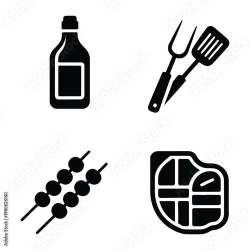 Obraz na plátně Barbecue equipment icons, marinade bottle, grilling fork, spatula, meat steak cu