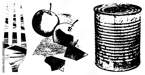 Black and white halftone vector graphic of fork,, and tin can, stylized with grainy texture, food illustration, kitchen set, retro design, food packaging.
