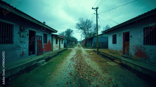 Old village street with peeling paint and muddy path