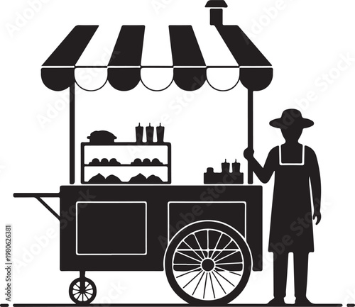 Black silhouette of man standing next to food cart with striped awning