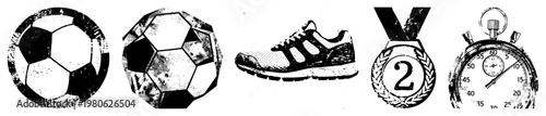 Retro athletic symbols including soccer balls with hexagonal panels, worn sneakers, second place medal, and stopwatch, rendered in gritty with distressed texture.