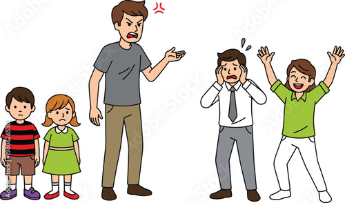 Strict Parent Scolding Children and Kids Emotional Reactions, Cartoon Family Discipline, Stress, Behavior Problems, and Parenting Concept Illustration