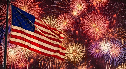 American flag waving with colorful fireworks exploding in the background