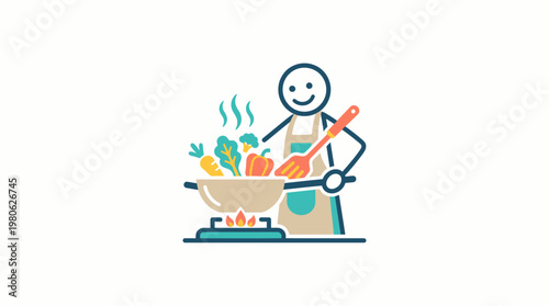 Cartoon Stick Figure Cooking Vegetables in a Wok