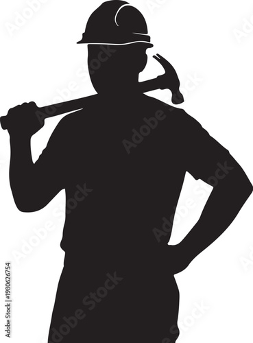 Black silhouette of man wearing hard hat holding pickaxe over shoulder