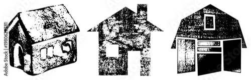 Rustic home featuring textured halftone, barn style garage, cottage style windows, stylized dwelling, vector illustrations.