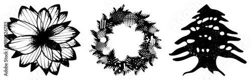 Stylized festive symbols in halftone, including bloom, circular wreath, and pine tree, vector art with texture and contrast.