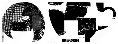 Stylized black and white graphic composed of broken geometric shapes, halftone dot, and glitch like textures, forming abstract glyph forms. Vector art with high contrast, fragmented design.