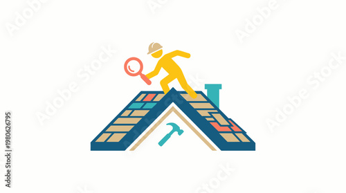 Roofer Inspecting Roof With Magnifying Glass