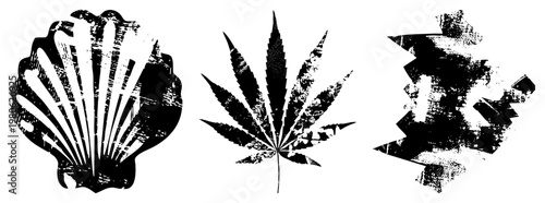 Distressed vector, marijuana leaf, abstract symbol. Grunge texture, high contrast,, isolated symbols.