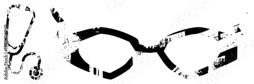 Stethoscope and eyeglasses vector with distressed texture, medical and vision care symbols, flat design with noise overlay, healthcare graphic elements.