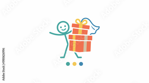 Happy Stick Figure Carrying Gifts with Abstract Wing