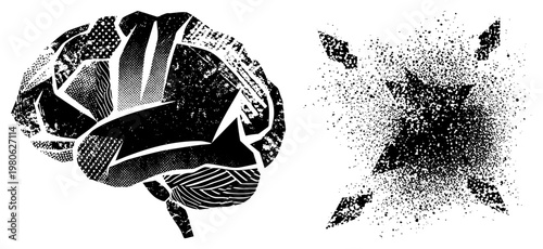 Graphic representation of human brain with fragmented halftone textures and explosive starburst ink splatter, vector art,, conceptual illustration.