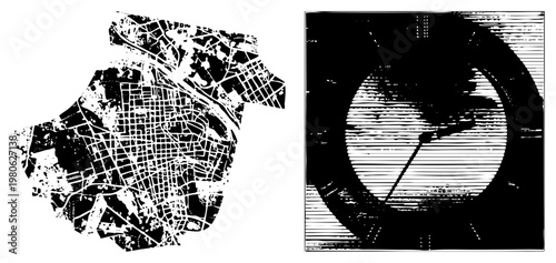 Black and white stylized city grid map and circular analog clock, halftone, vector graphic, urban design, time representation.