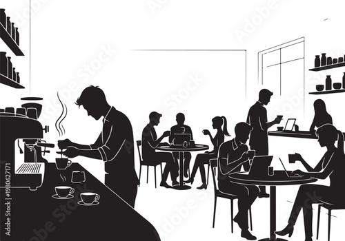 Black silhouette of people in a coffee shop tables