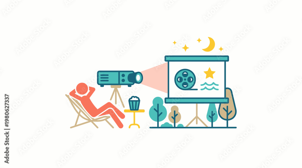 Fototapeta premium Outdoor Movie Night with Projector and Relaxed Viewer