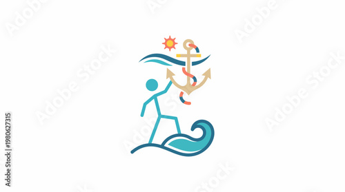Nautical Symbol Person Standing on Wave with Anchor