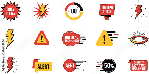 Sale Alert and Urgency Marketing Illustration Set Featuring Limited Stock Countdown Warning Icons Discount Promotion Collection