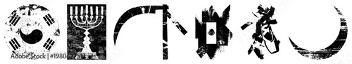 Abstract cultural emblems including yin yang, menorah,, Japanese flag motif, calligraphic kanji, moon, rendered in distressed vector art.