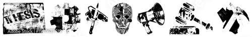 Urban stencil art including thesis plaque, puzzle piece, knife, skull, megaphone, gavel, hammer, bold black and white vector symbols.