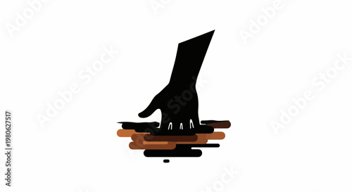 Black silhouette hand pressing down on a pile of brown logs