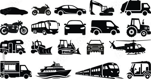 Black silhouettes of various transportation vehicles tram train airplane.A set of black bus silhouettes in various orientations.Collection of various transportation vehicles in black and white .