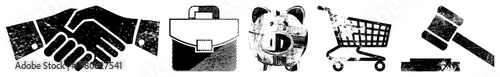 Business representing deal, finance, savings, commerce, legal. Handshake, briefcase, piggy bank, shopping cart, gavel symbols for corporate, financial, e commerce, legal contexts.