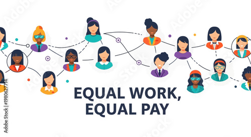 Diverse group of professional women connected in a network with the equal work equal pay concept.