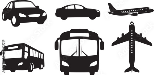 Transportation modes silhouettes on white background icons set