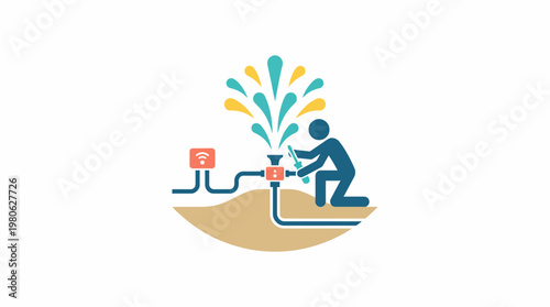 Plumber Repairing Sprinkler System With Water Burst