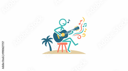 Stick Figure Musician Playing Guitar on the Beach