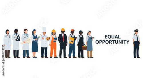 Diverse group of professionals standing in a line representing equal opportunity.