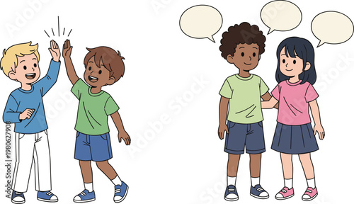 Cartoon Kids Communicating and Celebrating Together, Children Talking with Speech Bubbles and High Five Gesture, Friendship, Social Interaction, and Teamwork Illustration
