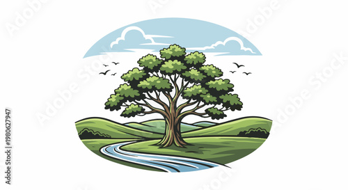 A majestic tree stands tall amidst rolling green hills with a winding river
