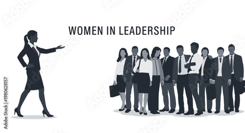 A silhouette of a female leader addressing a diverse group of professional business people.
