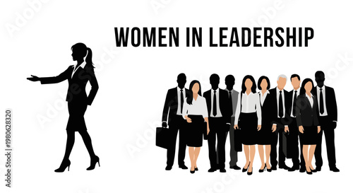 A silhouette of a female leader presenting a diverse group of professional team members.