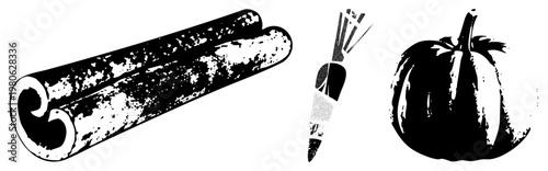 Spiced cinnamon bark, orange carrot with leafy top, round pumpkin with stem stylized halftone vector graphics. Autumn harvest, rustic kitchen, seasonal produce.