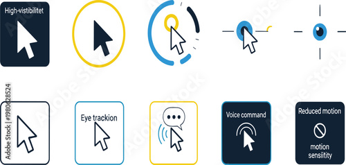 User Interface Accessibility Cursor Illustration Set Featuring Eye Tracking Voice Command High Visibility Pointer Icons Collection