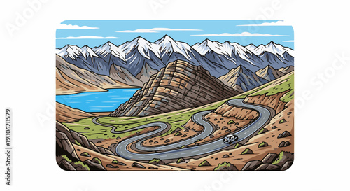 Winding mountain road leads to a serene lake past snow-capped peaks