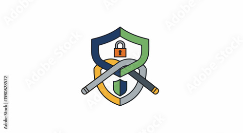 Intertwined shields with a lock symbolize security and protection
