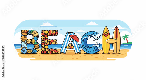 Cartoon beach scene with the word BEACH spelled out using shells, towels, a wave, and surfboards