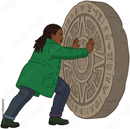 Man pushing large ancient stone wheel with intricate carvings outdoors