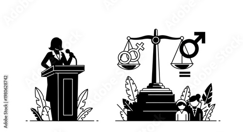 Gender equality concept with a speaker and balance scale of male and female symbols.