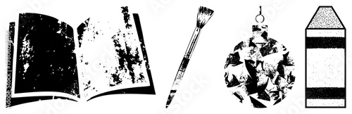 Creative art supplies including open book, paintbrush, festive ornament, and crayon, rendered in halftone style for design projects.