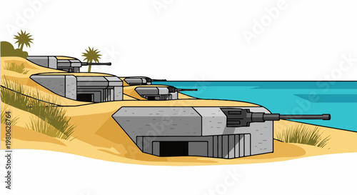Coastal defense fortifications with guns overlooking a bright blue sea