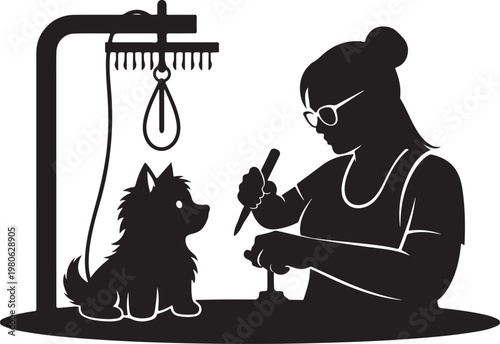 Black silhouette of woman grooming dog with clippers